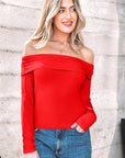 Solid Fold-Over Off-Shoulder Long Sleeve Top