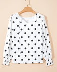 Polka Dot Frilled Long Sleeve Round Neck Blouse