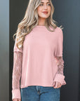Bow Mesh Patchwork Long Sleeve Tee