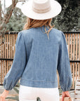 Solid Denim Tie-Front Puff Sleeve Top