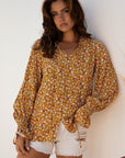 Boho Floral Ruffle Bubble Sleeve V-Neck Blouse