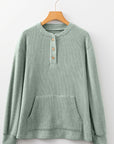 Solid Ribbed Knit Drop Shoulder Henley Top