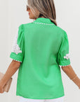 Floral Ricrac Trim Puff Sleeve Buttoned Shirt