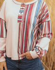 Stripe Waffle Knit Patchwork Raw Edge Henley Top