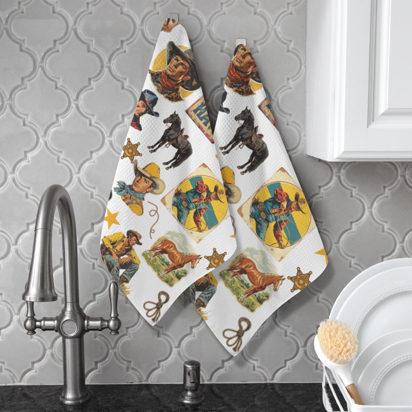 Vintage Cowboy Collage Dish Towel Set of 2 Made in America
