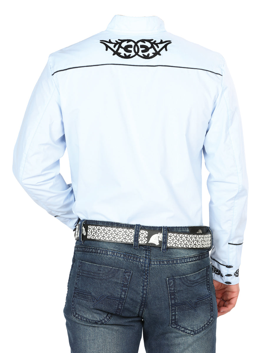 El Señor de los Cielos Men's Charro Embroidery Shirt in Blue/Black