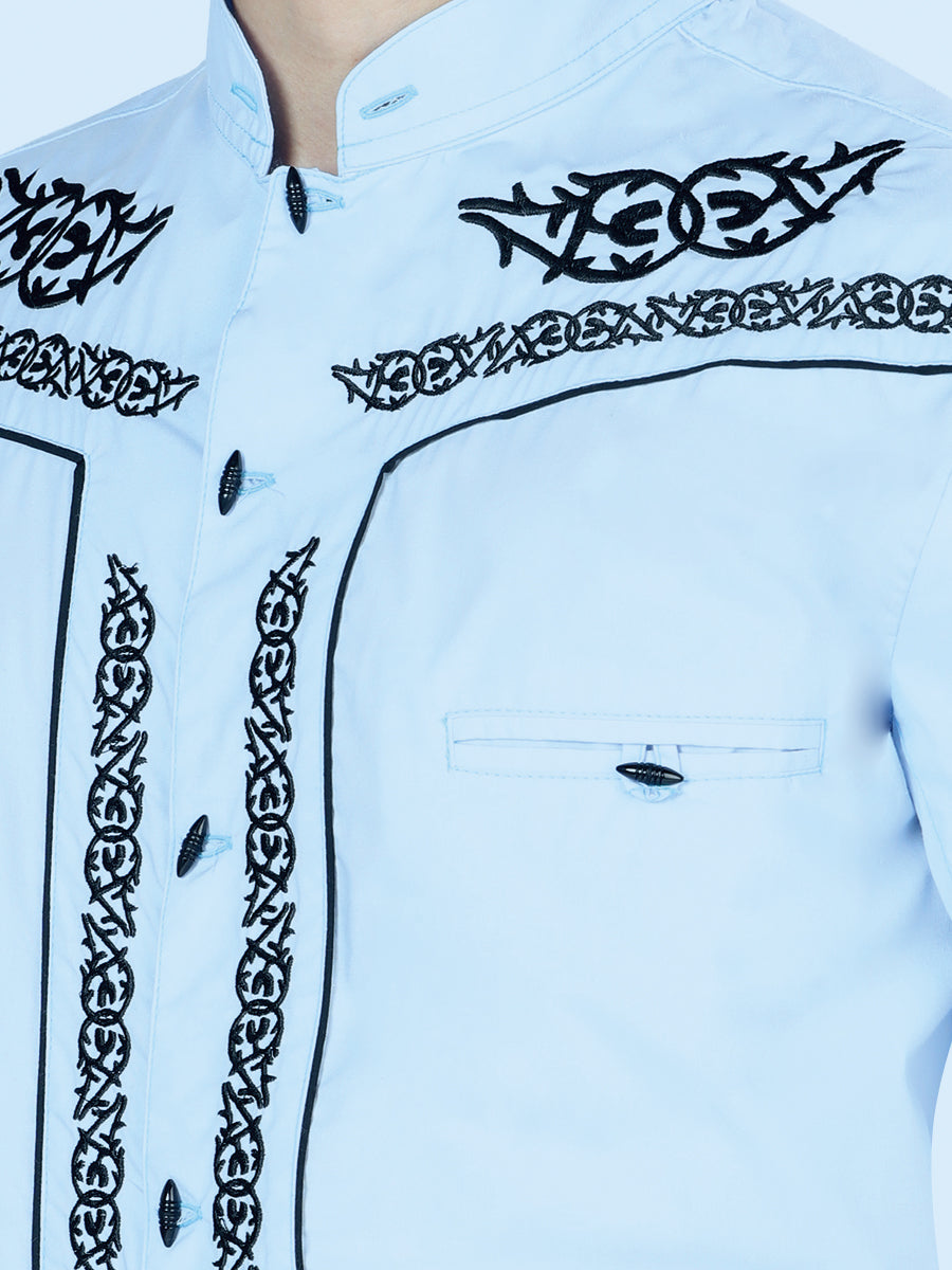 El Señor de los Cielos Men's Charro Embroidery Shirt in Blue/Black