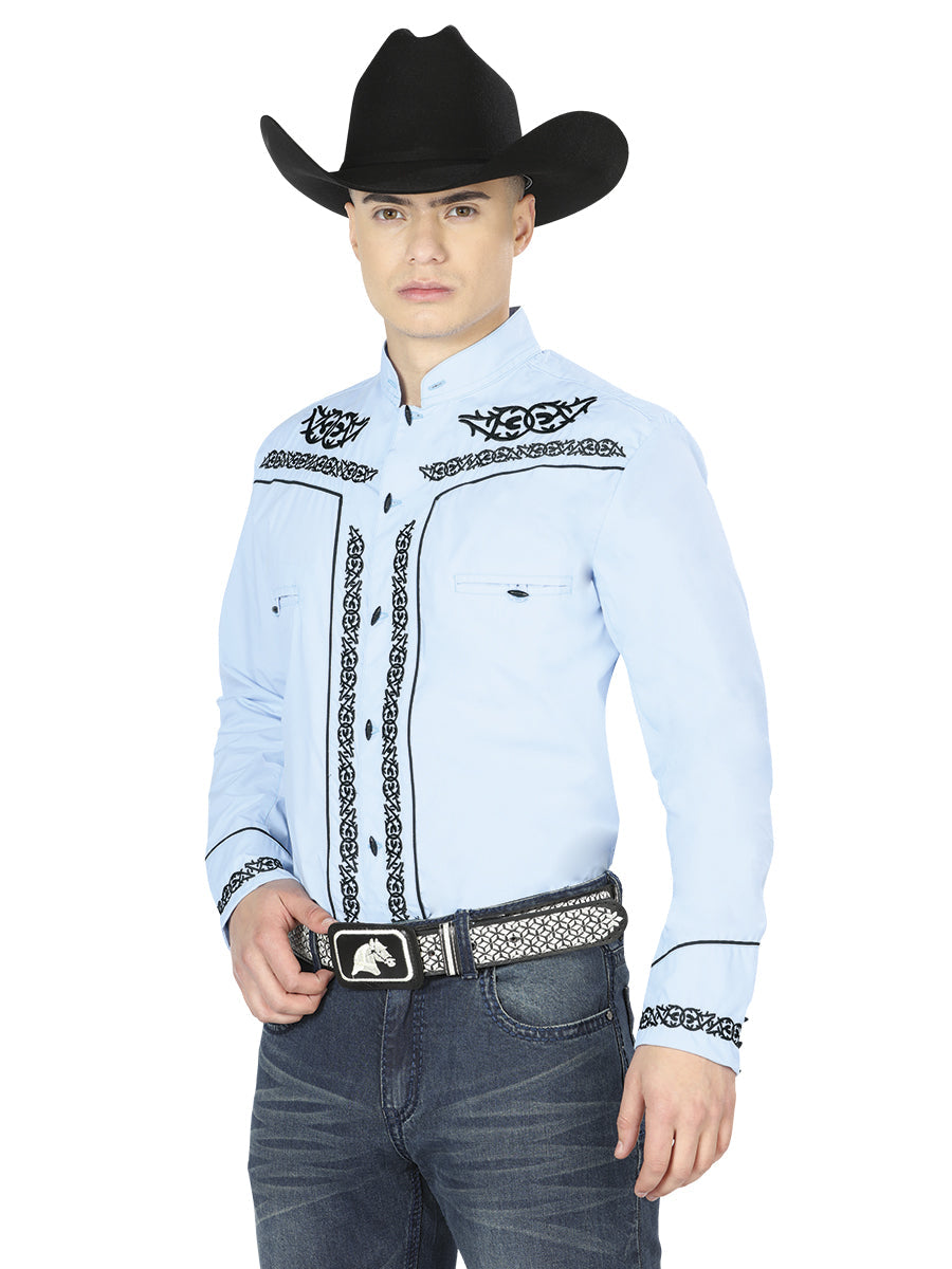 El Señor de los Cielos Men's Charro Embroidery Shirt in Blue/Black
