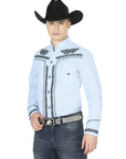 El Señor de los Cielos Men's Charro Embroidery Shirt in Blue/Black