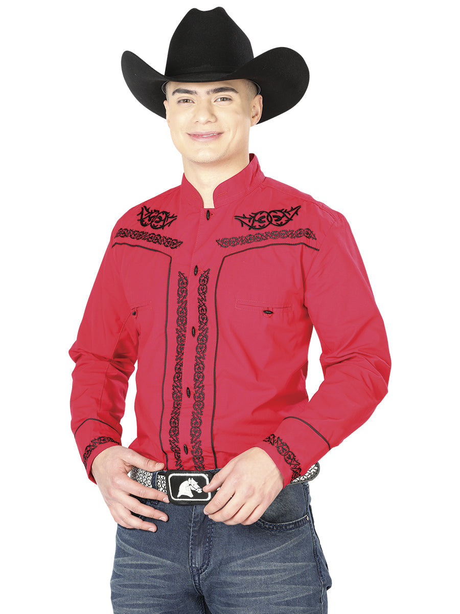 El Señor de los Cielos Men's Charro Embroidery Shirt in Red/Black