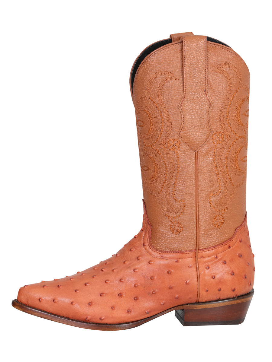 Men’s Pointed Toe Leather Cowboy Boot - Imitation Ostrich Print  - Cognac 40835