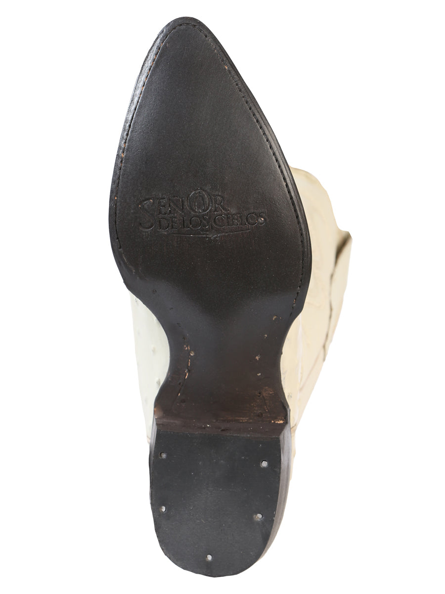 Men’s Pointed Toe Leather Cowboy Boot - Imitation Ostrich Print - Bone White 40839