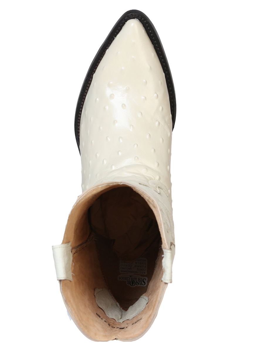 Men’s Pointed Toe Leather Cowboy Boot - Imitation Ostrich Print - Bone White 40839