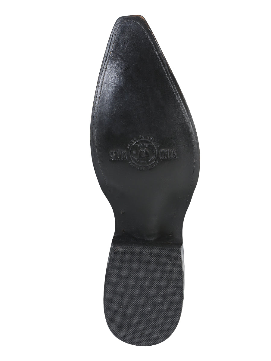 Men’s Snip Toe Leather Cowboy Boot - Imitation Ostrich Print - Black 40848