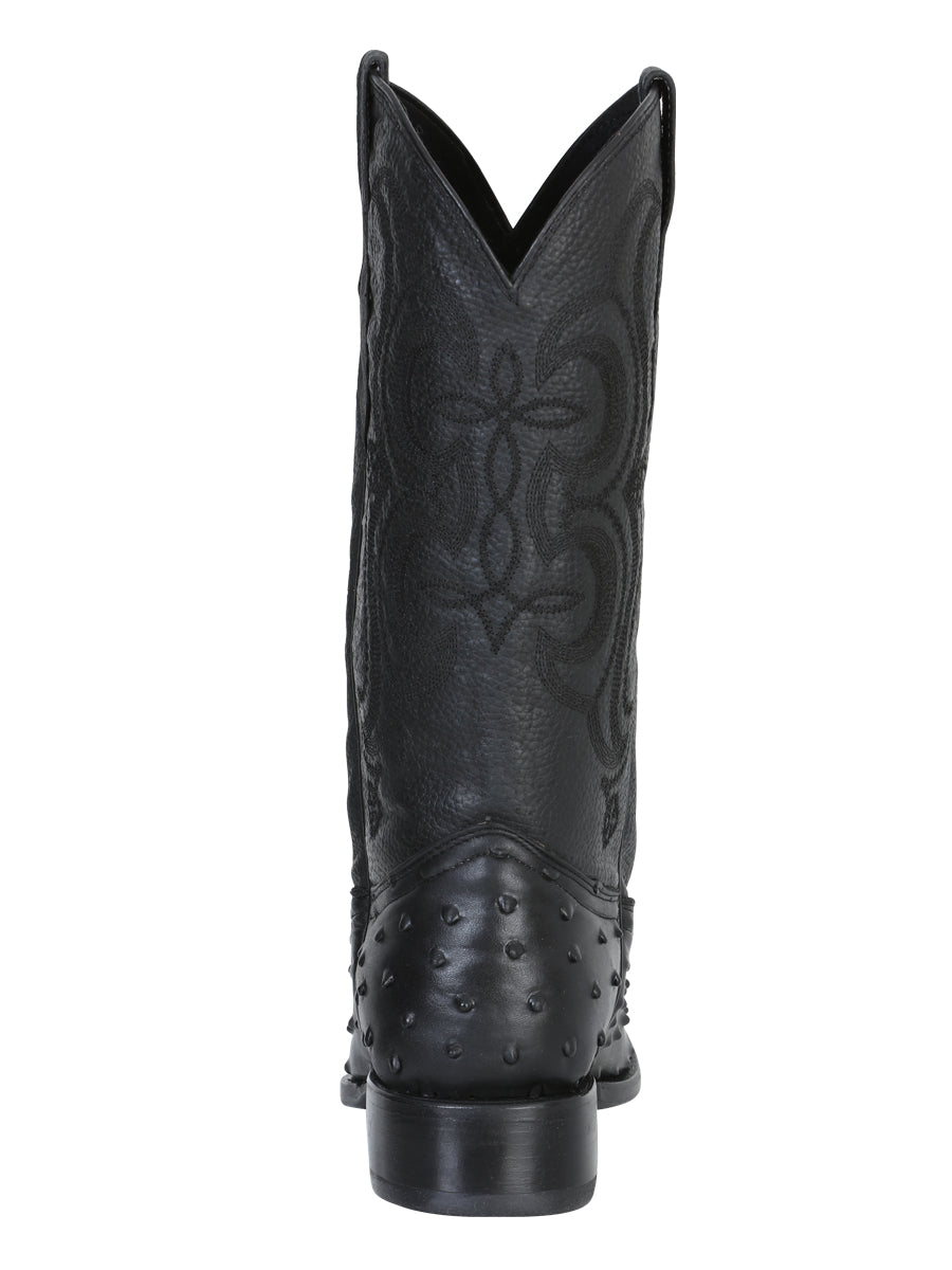 Men’s Snip Toe Leather Cowboy Boot - Imitation Ostrich Print - Black 40848