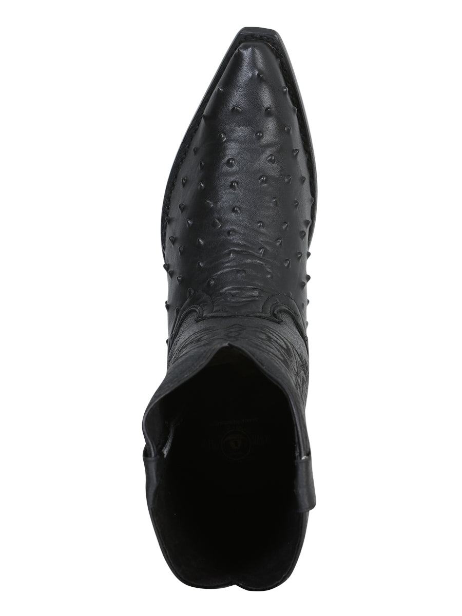 Men’s Snip Toe Leather Cowboy Boot - Imitation Ostrich Print - Black 40848
