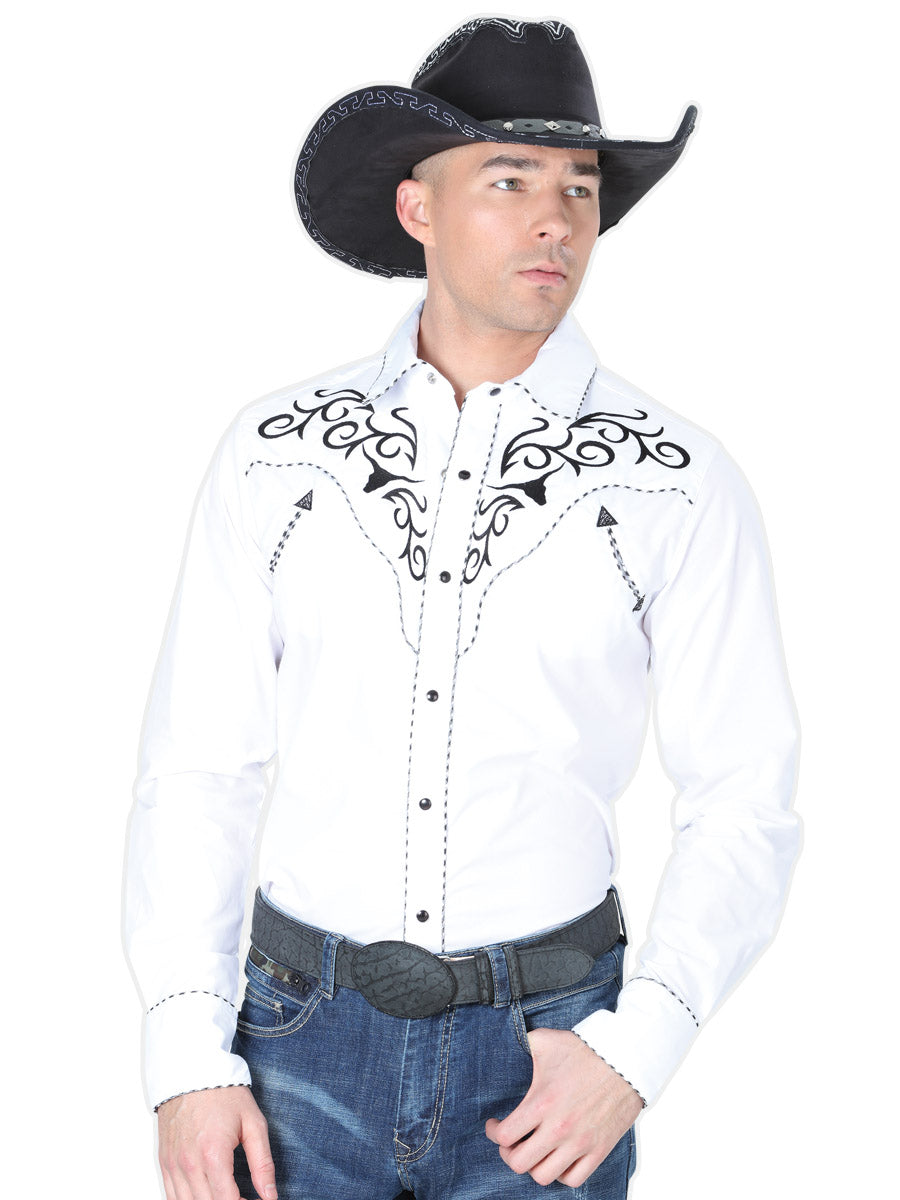 El General Embroidery Western Shirt in White/Black