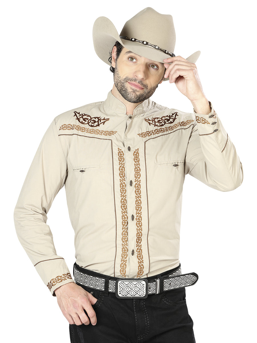 El Señor de los Cielos Charro Embroidery Shirt in Khaki/Brown