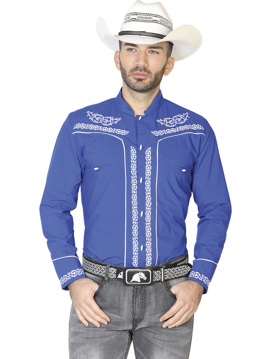 El Señor de los Cielos Charro Embroidery Shirt in Royal Blue/White