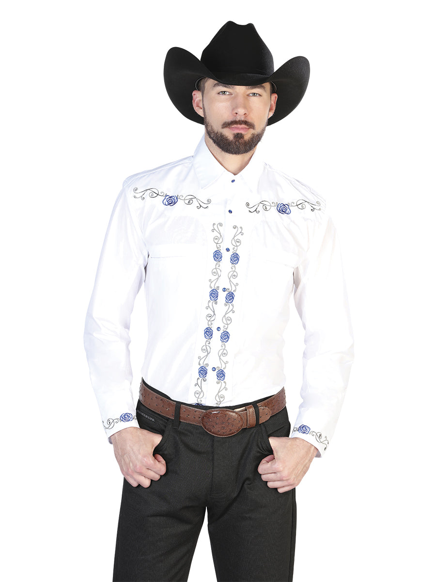 El General Embroidery Western Shirt in White/Blue