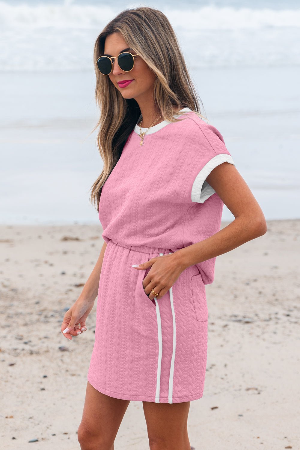 Textured Contrast Trim Crewneck Tee &amp; Pocketed Skirt Set