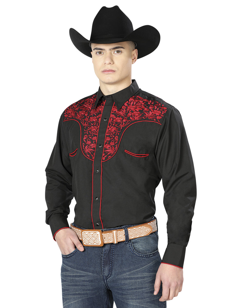 El Señor de los Cielos Embroidery Shirt in Black/Red