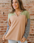 Colorblock Thermal Textured Knit Drop Shoulder Henley Top