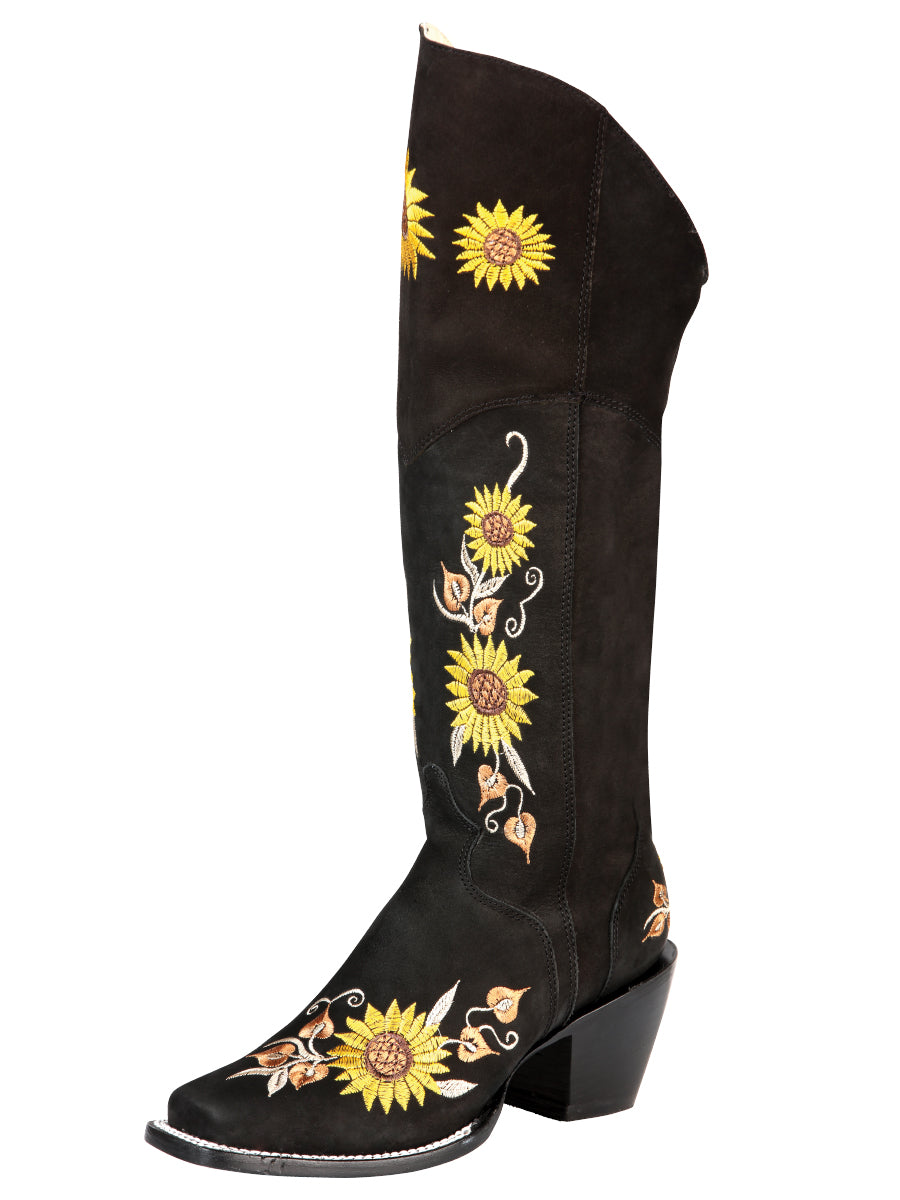El General High Womens Western Boot in Black/Sunflowers