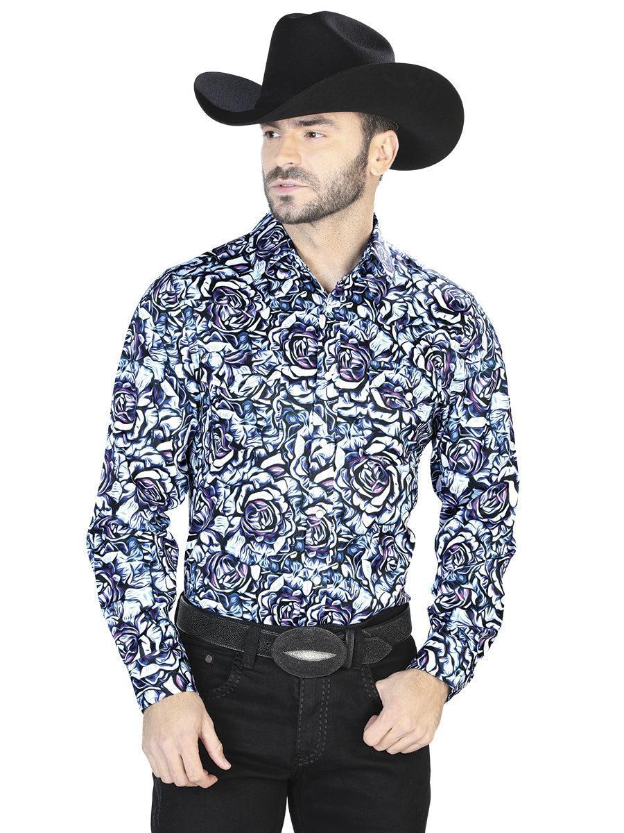 Blue Rose Print Casual Long Sleeve Shirt