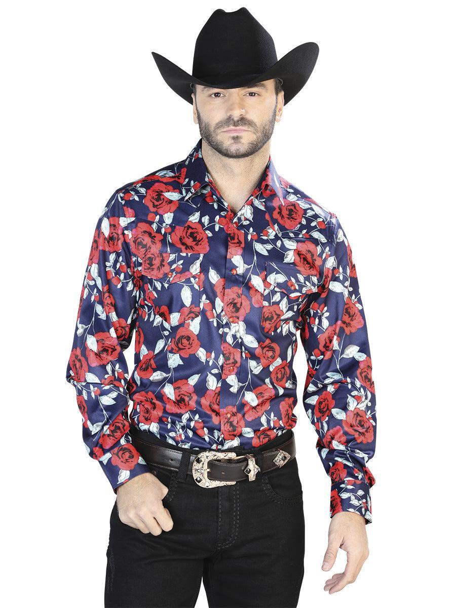 Blue With Print Roses Casual Long Sleeve Shirt