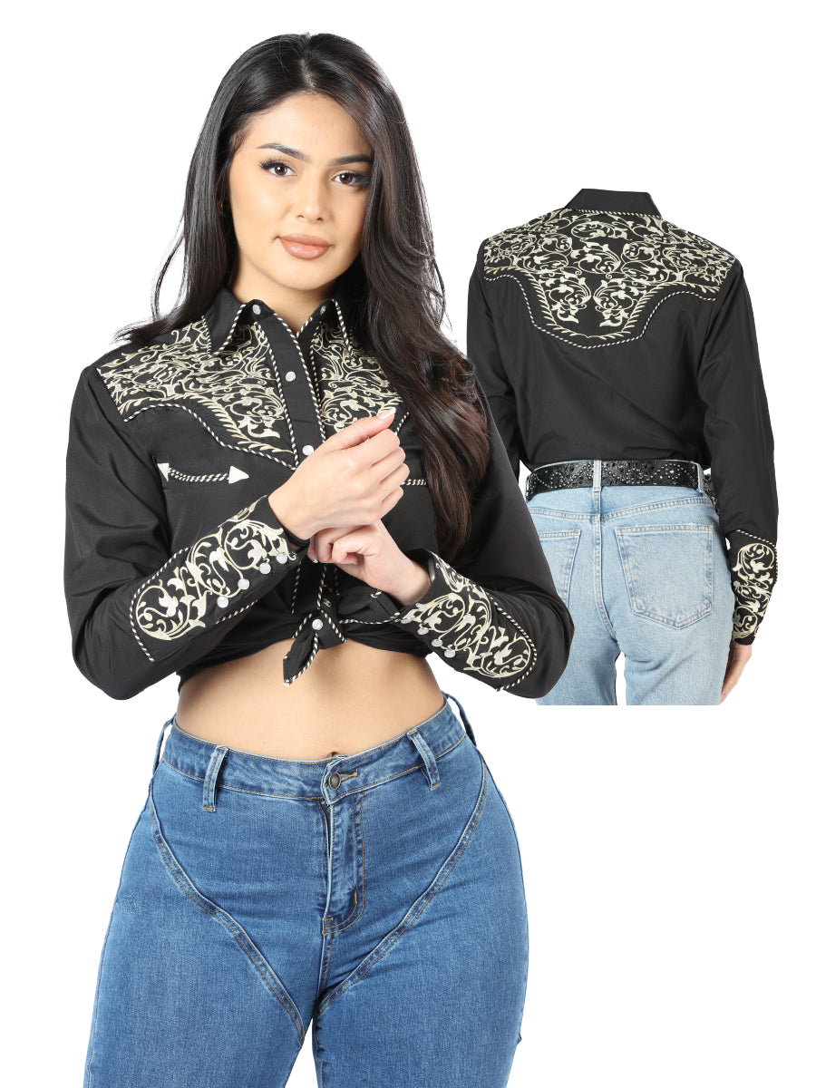 Womens Black Embroidered Western-style Blouse