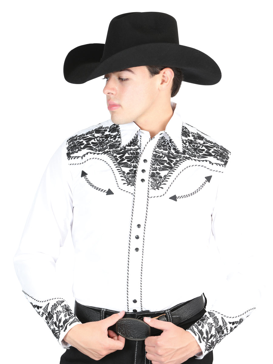 El Señor De Los Cielos Embroidery Shirt in White/Black