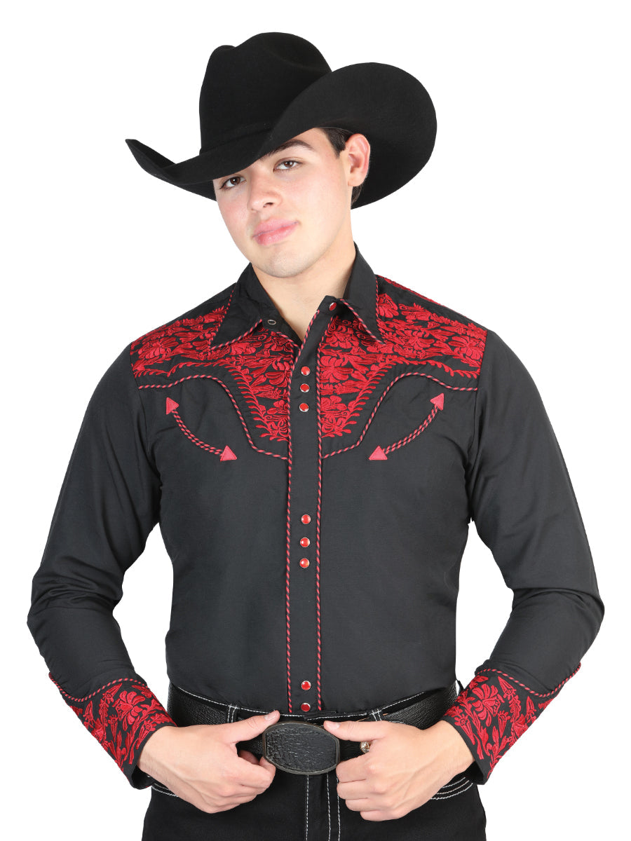 El Señor De Los Cielos Embroidery Shirt in Black/Red