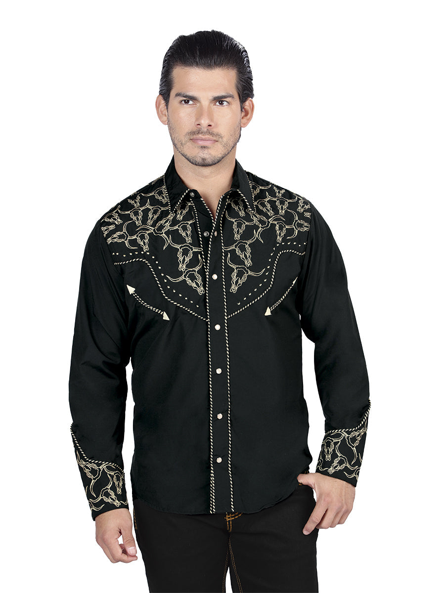El Señor De Los Cielos Embroidery Shirt in Black/Gold