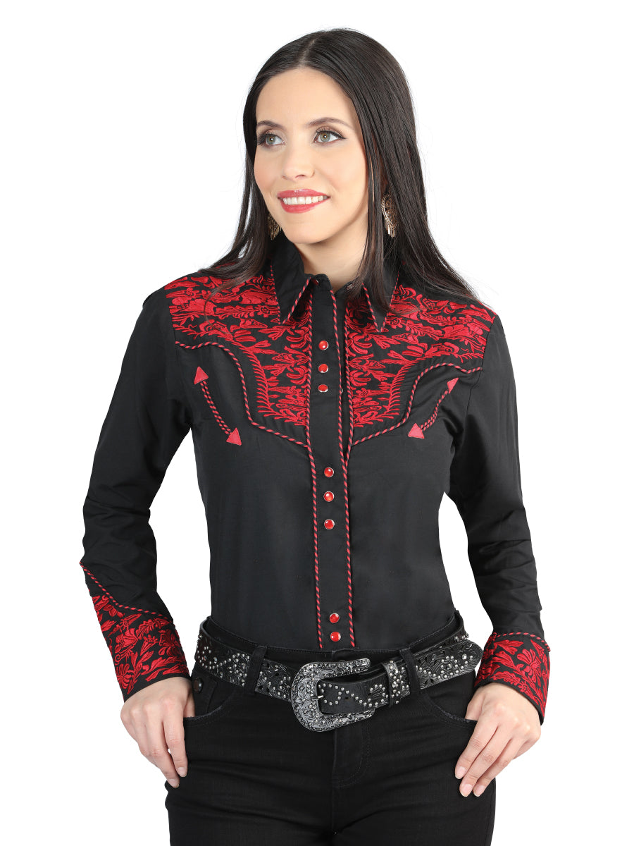 Senor De Los Cielos Embroidery Shirt in Black/Red