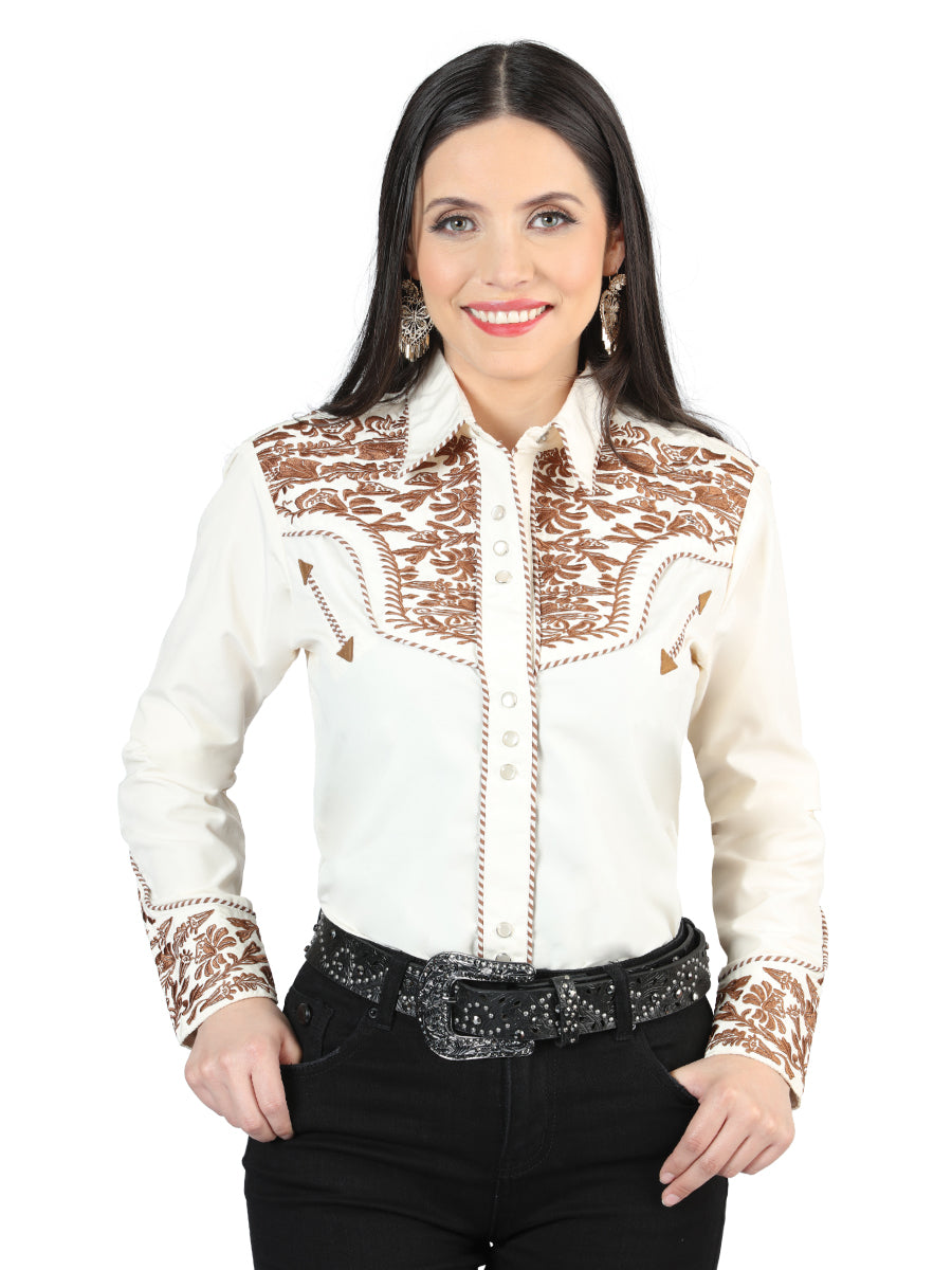 Senor De Los Cielos Embroidery Shirt in Beige/Dark Camel