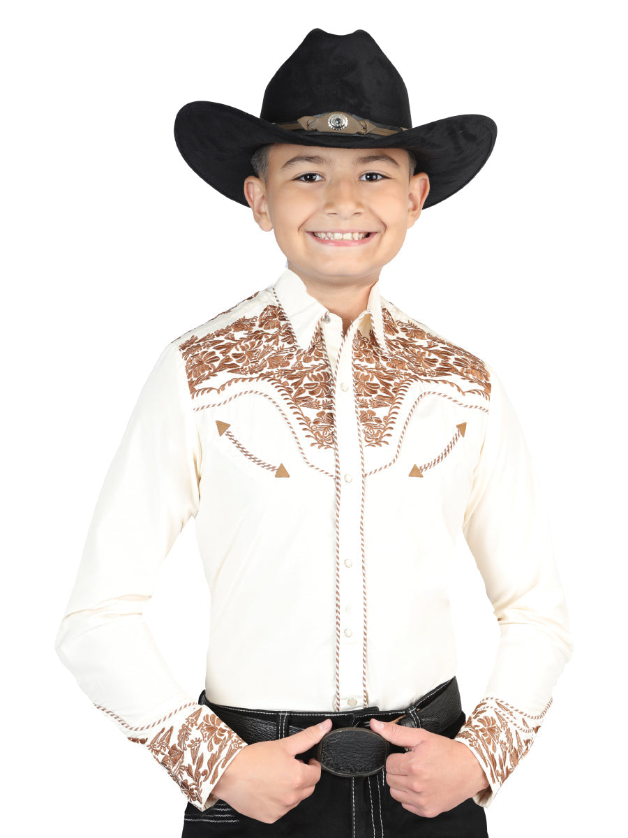 Senor De Los Cielos Embroidery Shirt in Beige/Dark Camel