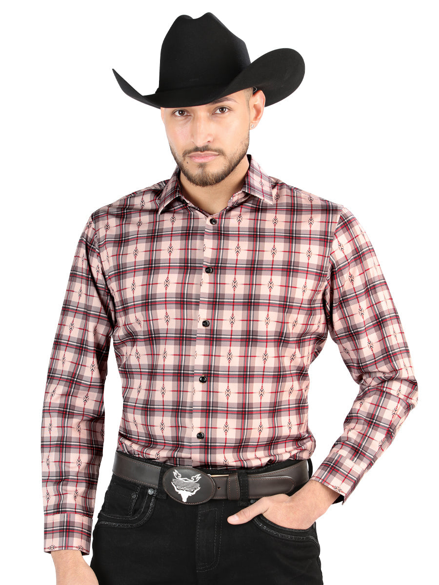 El General Casual Long-Sleeve Shirt in Beige/Red