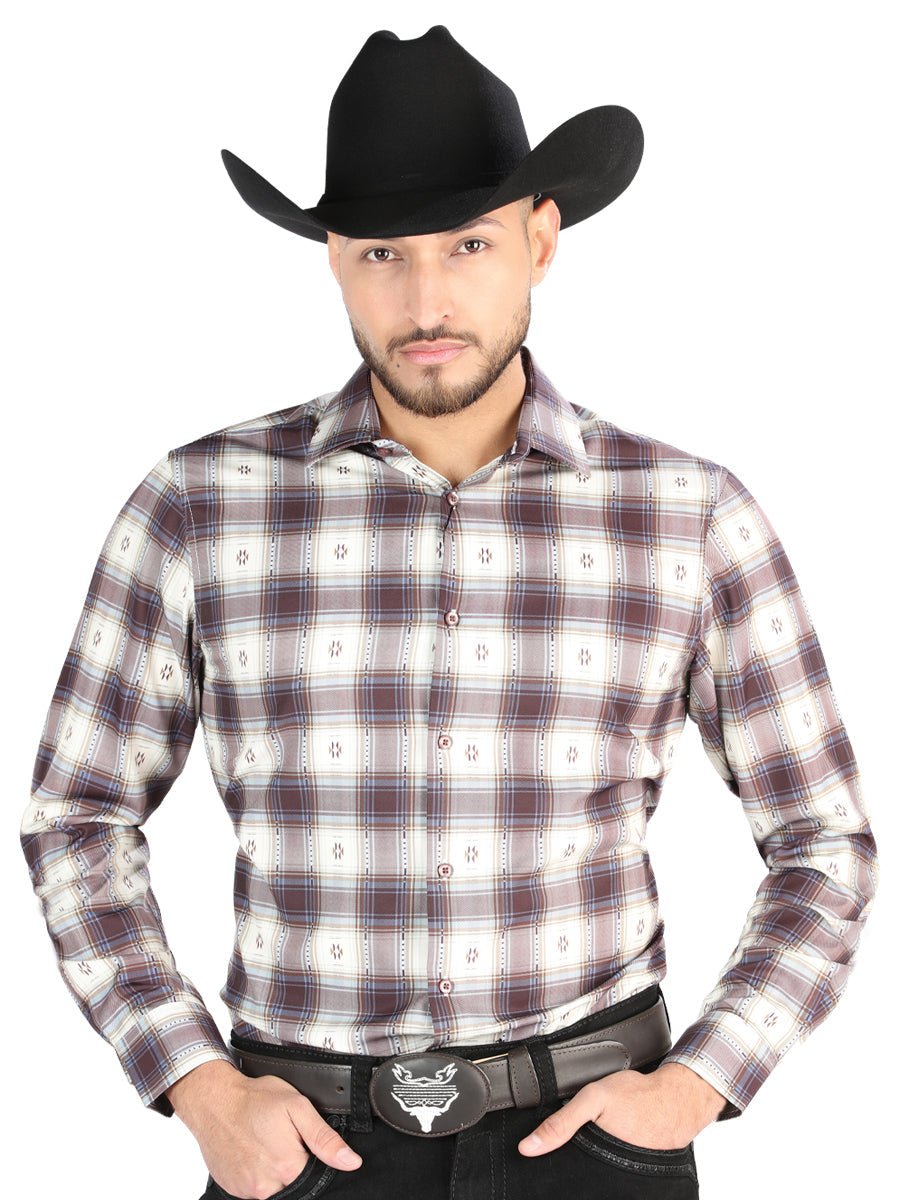 El General Casual Long Sleeve Shirt in Beige/Burgundy