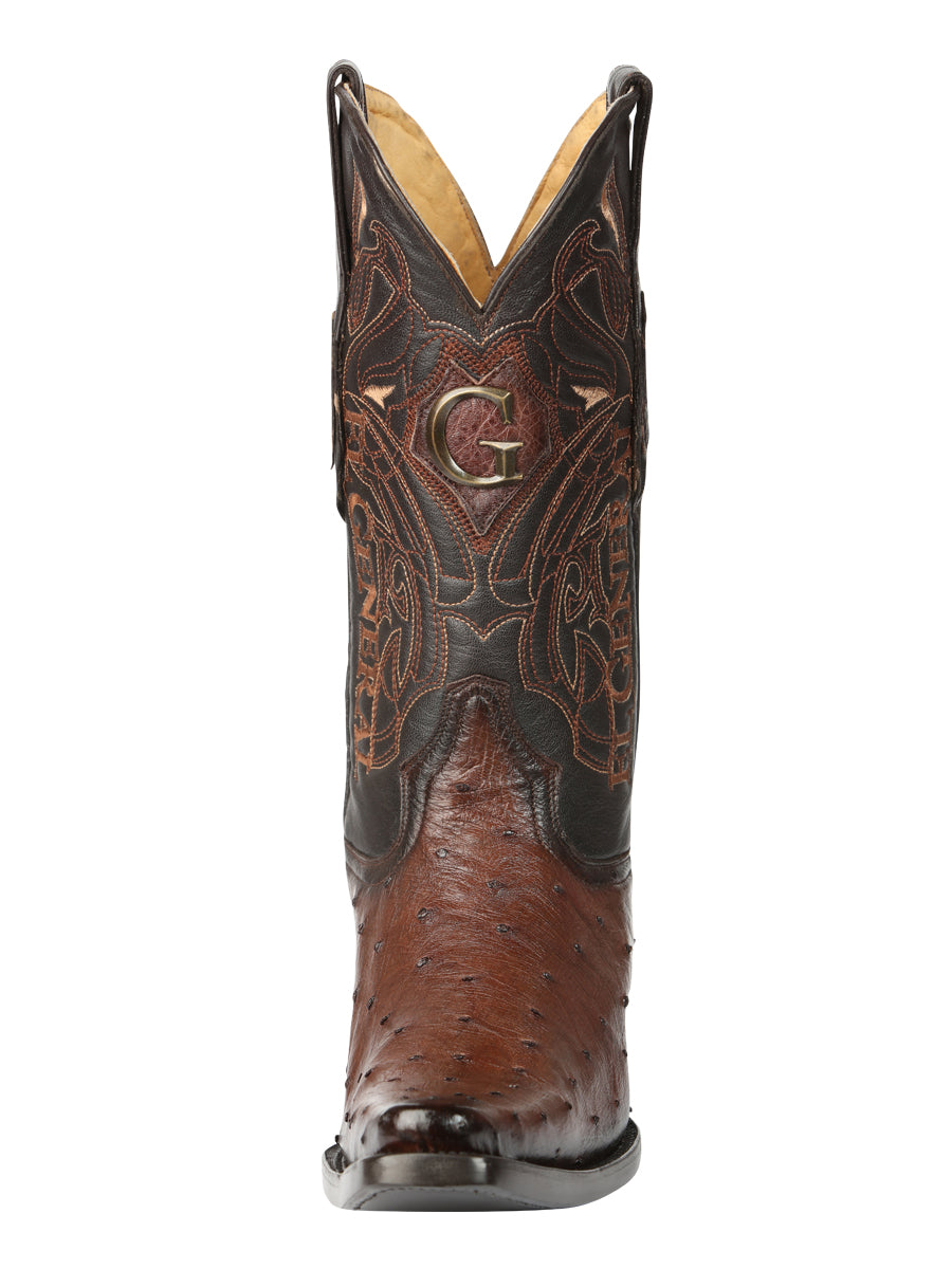 El General Men's Exotic Ostrich Leather Cowboy Boots in Brown