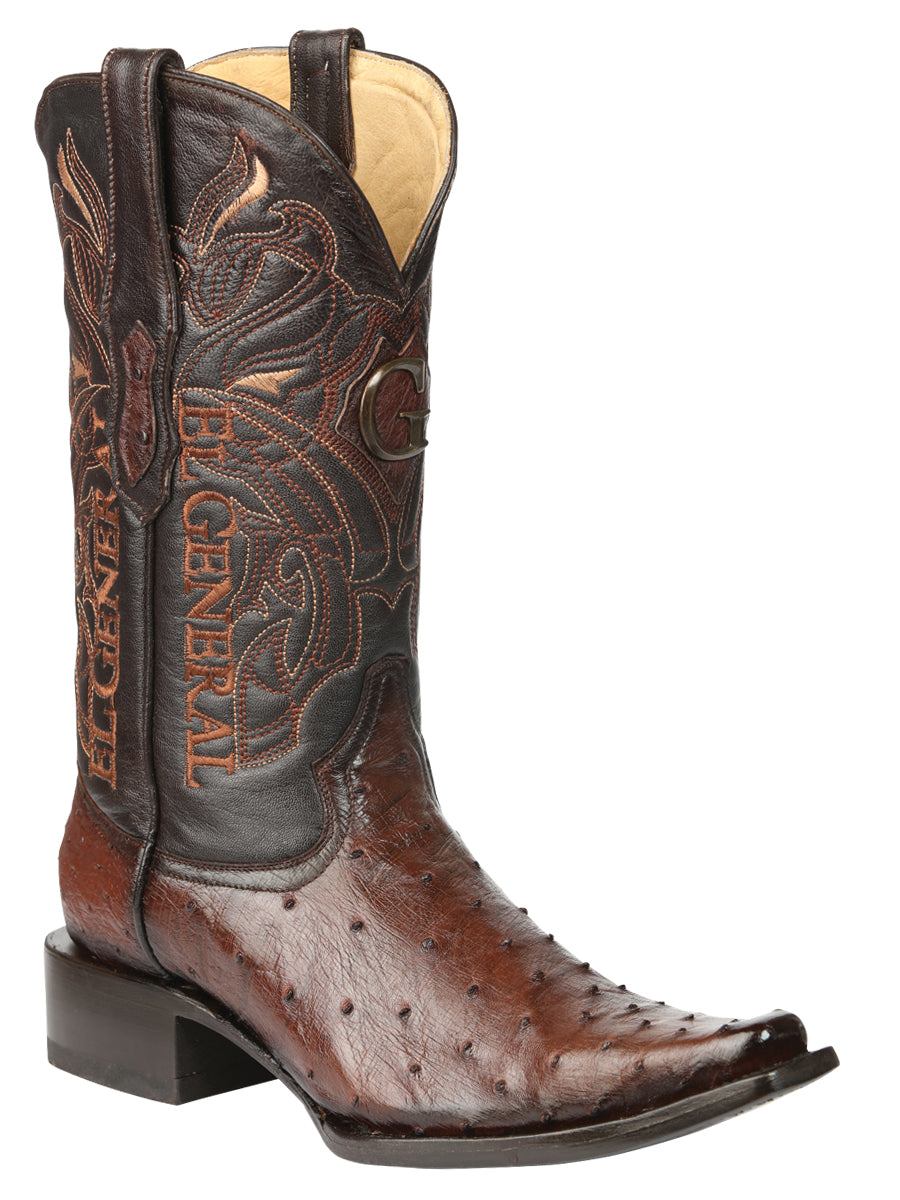 El General Men's Exotic Ostrich Leather Cowboy Boots in Brown