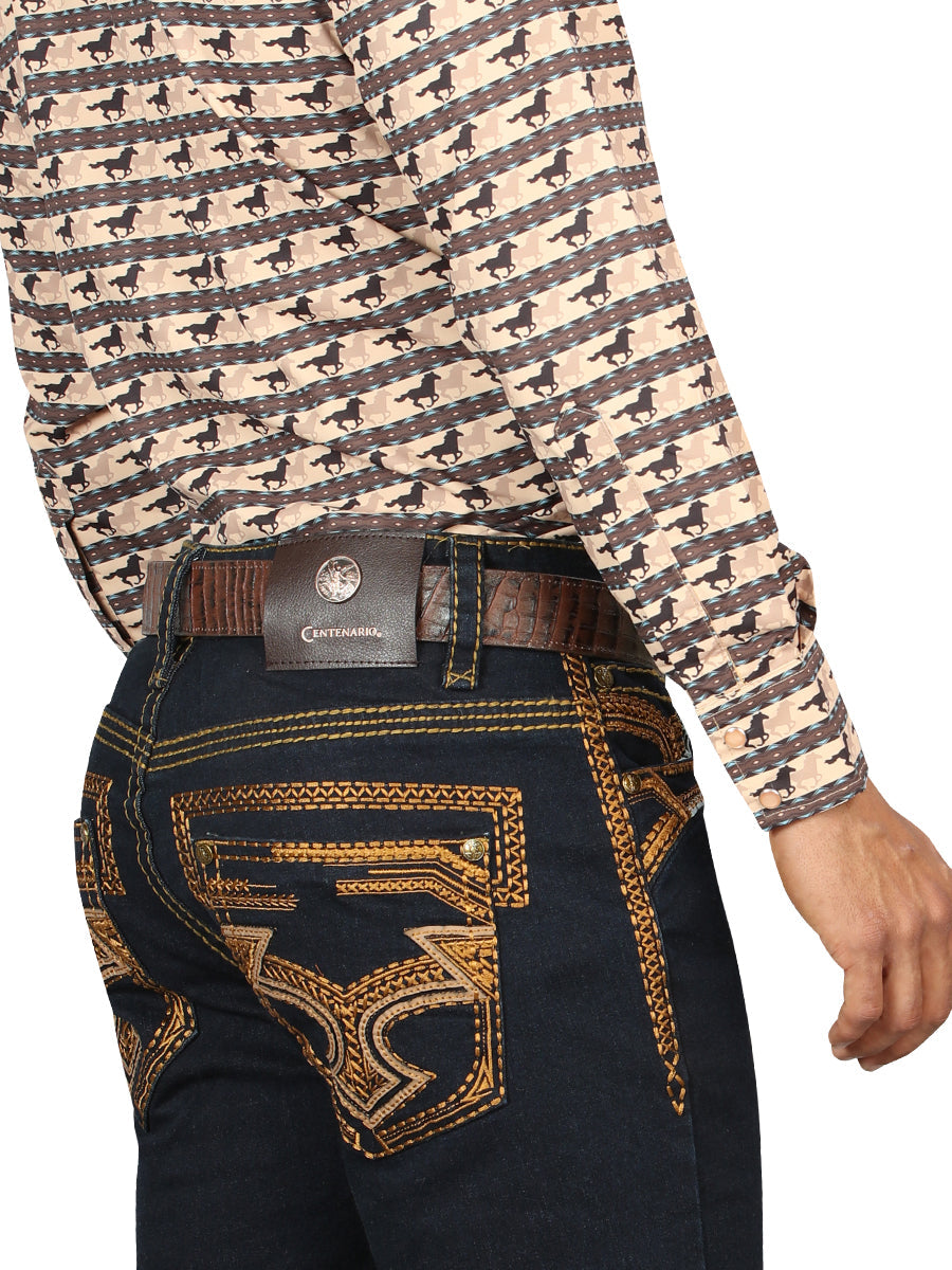 Centenario Men's Rinse Blue Denim with Gold Embroidered Details