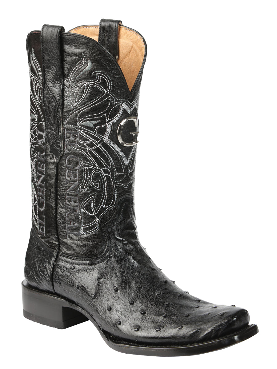 El General Men's Exotic Ostrich Leather Cowboy Boots in Black