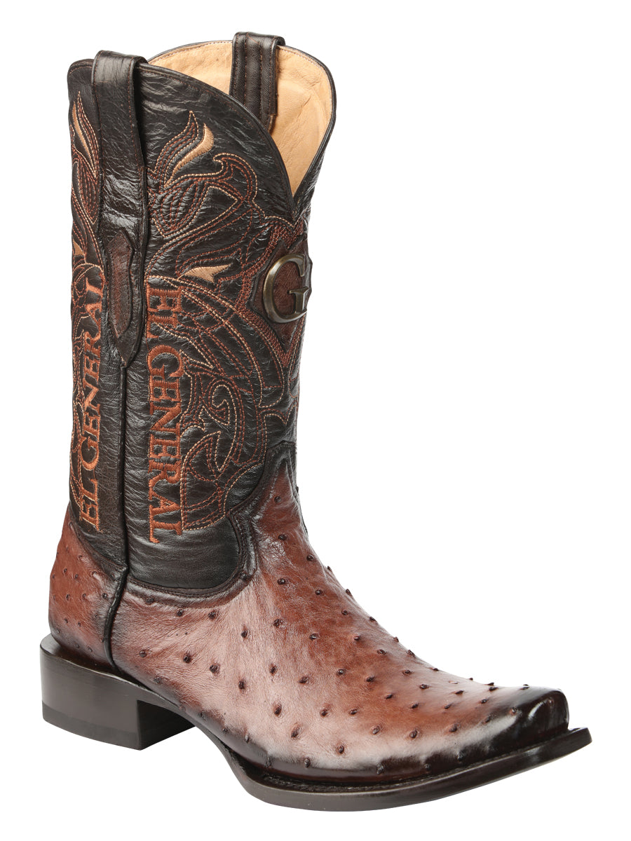 El General Men's Exotic Ostrich Leather Cowboy Boots in Brown