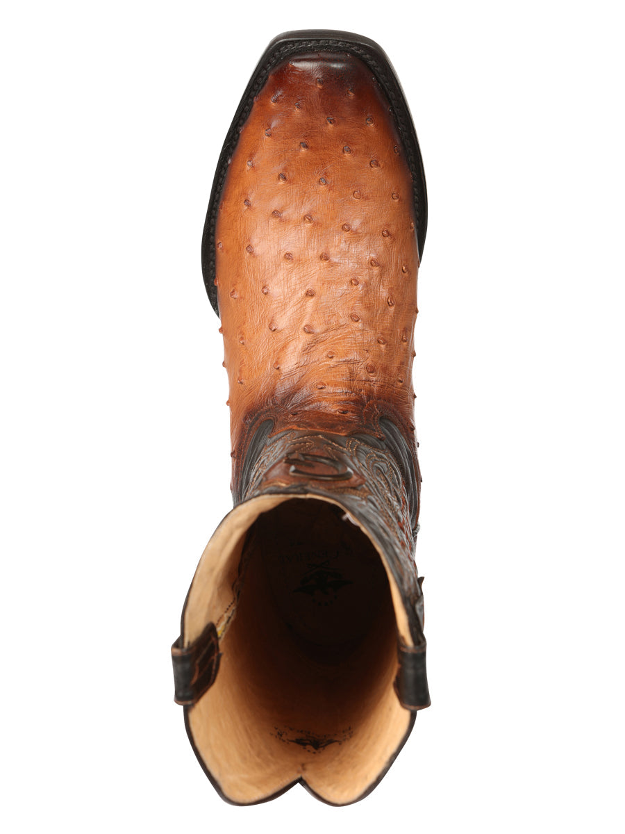 El General Men's Exotic Ostrich Leather Cowboy Boots in Cognac