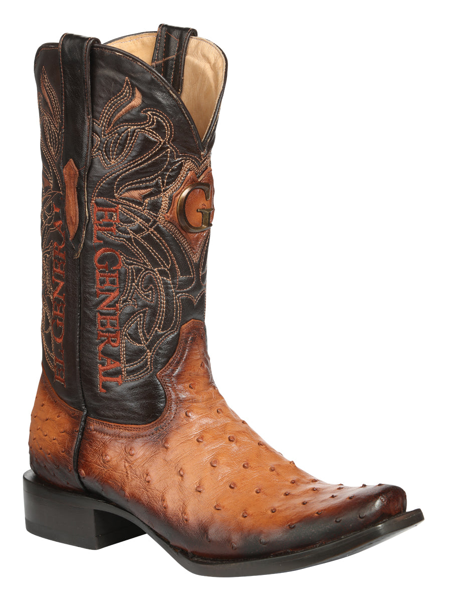 El General Men's Exotic Ostrich Leather Cowboy Boots in Cognac