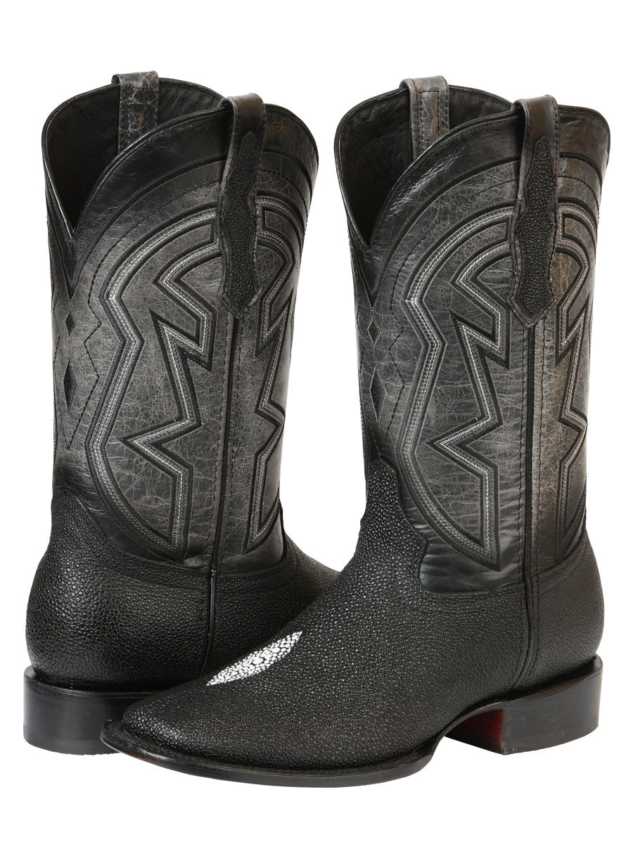 El General Men’s Leather Cowboy Boots - Embossed Stingray Print - Black 45566