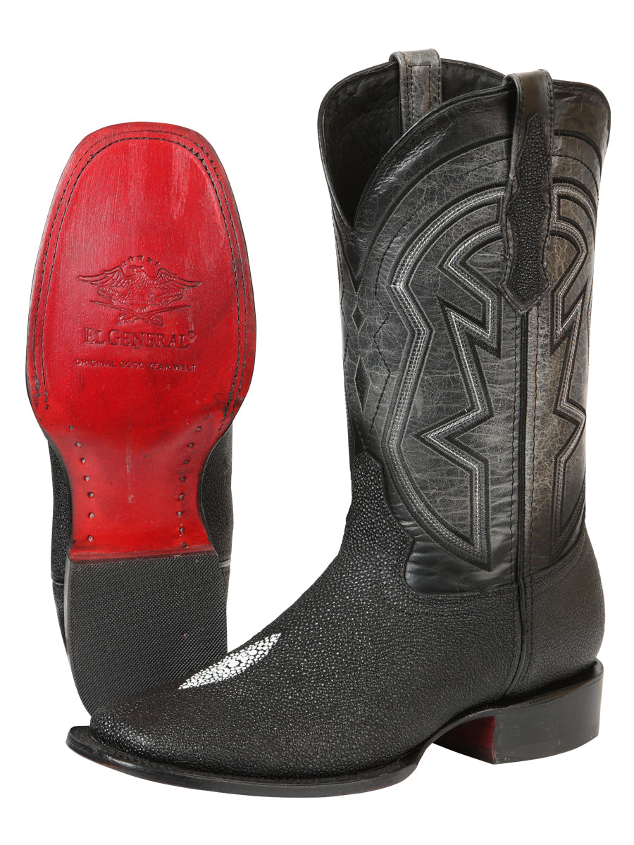 El General Men’s Leather Cowboy Boots - Embossed Stingray Print - Black 45566