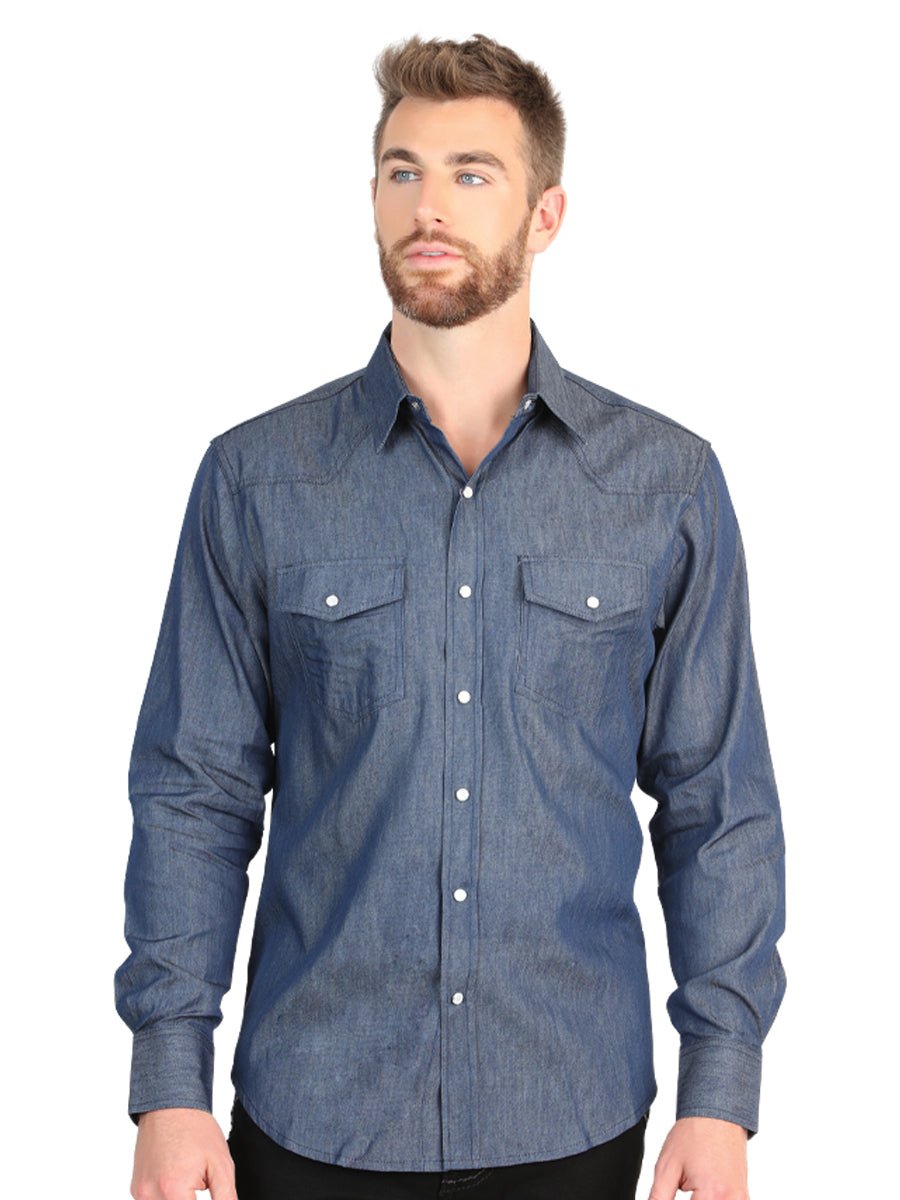 El General Men's Slim Fit Long Sleeve Western Shirt in Denim Blue