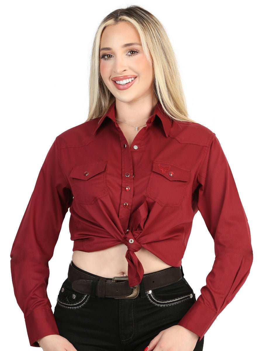 Women's Long Sleeve Western Shirt With Burgundy Stretch Fabric For Everyday Wear